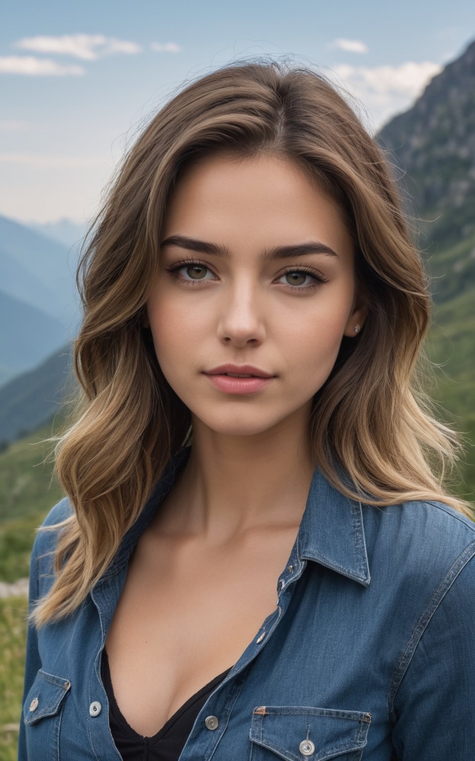  A portrait of a young beautiful 20 year old girl, (freckles:0.60) skin, brunette with blonde highlights hairstyle, denim shirt, cleavage, black jeans, leaning forward, extremely low cut blouse, highly details, mountain outdoor, settings, UHD, 32K 