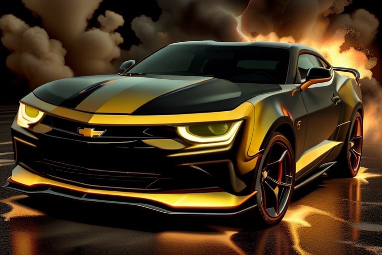 chevrolet camaro 2014 de color amarillo futurista,MagmaTech,<lora:659111690174031528:1.0>