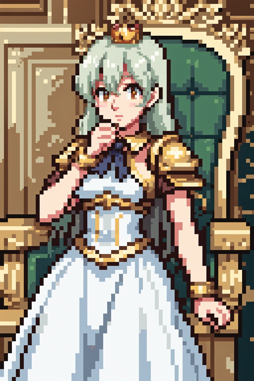 (best quality, 4k, 8k, highres, masterpiece:1.5), ultra-detailed,anime A knight in golden armor without a helmet, with his sword on his back tenderly kissing the hand of a princess in a white dress and a gold crown with diamonds standing in a luxurious throne room, ornate decoration and majestic atmosphere.,Pixel art,Pixel world