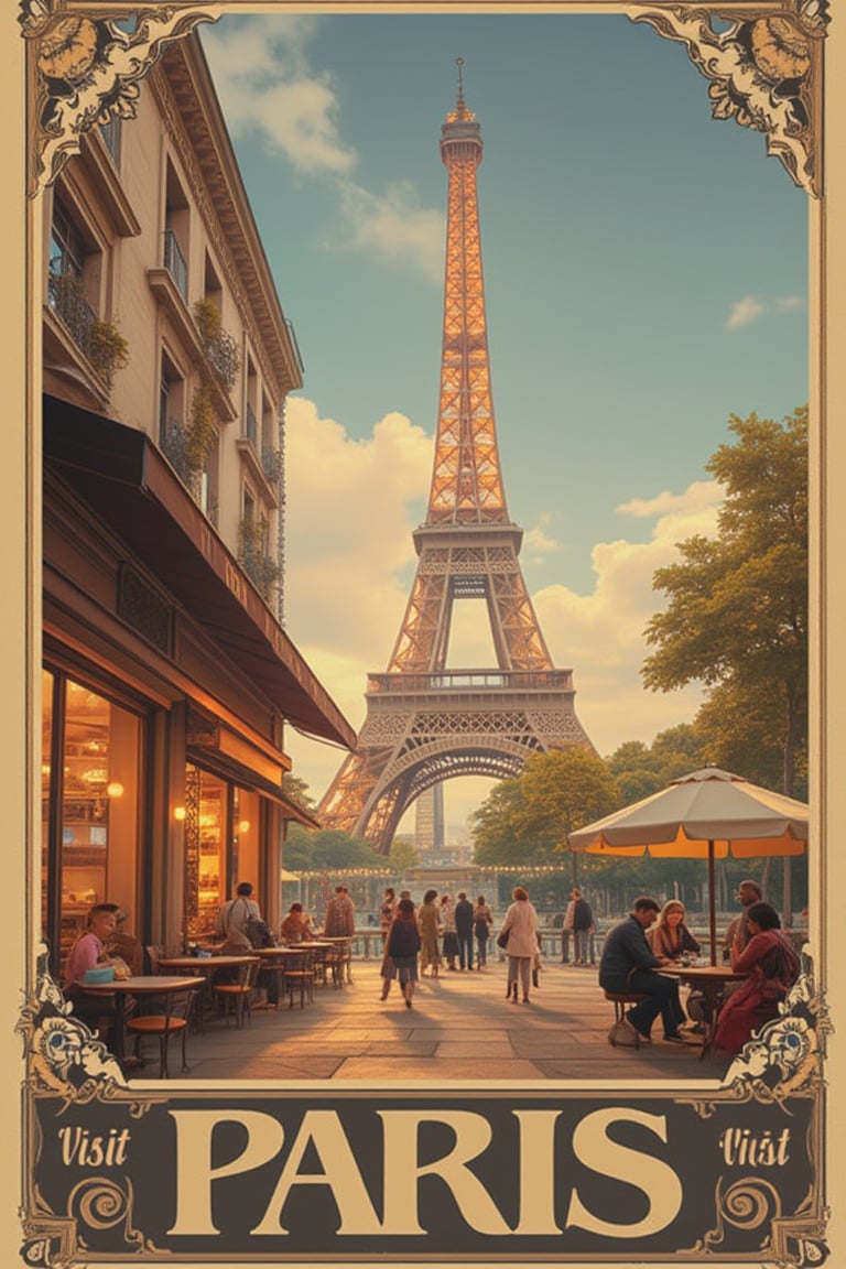 A vintage-style travel poster featuring the Eiffel Tower in Paris, with a soft sepia tone. The Eiffel Tower stands tall in the center, illuminated by warm, golden light. The sky is a gradient of deep blue to soft pink, with a few clouds. The composition includes a classic French café in the foreground, with people enjoying coffee and pastries. The poster is framed with a decorative border, reminiscent of 1920s design elements, with bold, cursive text reading Visit Paris!