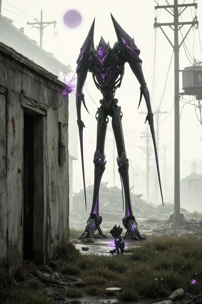 A colossal dark, biomechanical mecha, sleek and menacing in design, with long, sharp limbs, stands over a desolate, post-apocalyptic landscape. Its body is covered in black, metallic plates with bright purple details that seem to glow in the shadows. Its head has a diamond-shaped visor or central core, illuminated with an intense violet light, standing out in the greyish environment. Behind the mecha, abandoned structures can be seen and a thick fog enveloping the landscape, creating an air of mystery. All around it, small flashes of purple electricity emanate from its body, adding a touch of destructive energy. The ground, covered in rubble and withered grass, is faintly illuminated by the light of a distant moon, and in the foreground, a small abandoned toy or stuffed animal contrasts with the darkness and the imposing figure of the mecha.