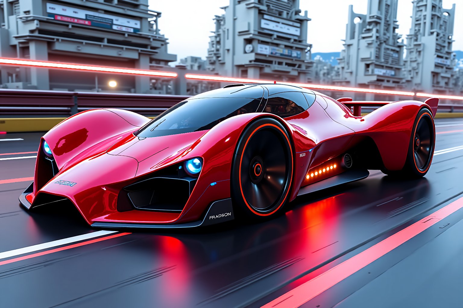 (best quality, 4k, 8k, highres, masterpiece:1.5), ultra-detailed, highly realistic, futuristic race car, sleek red body with sharp lines and angular design, large black wheels with detailed tread patterns, glowing accents on the wheels, metallic textures, aerodynamic shape, sharp front nose, glowing blue cockpit canopy, futuristic exhaust pipes, advanced high-tech suspension system. The car is speeding down a detailed futuristic race track, with neon lights, glowing lines on the road, and metallic skyscrapers in the background. High-resolution reflections on the car’s surface, detailed light and shadow effects, and vivid colors, set in a high-speed environment with dynamic motion effects. Futuristic cityscape in the distance with metallic structures and holographic billboards.