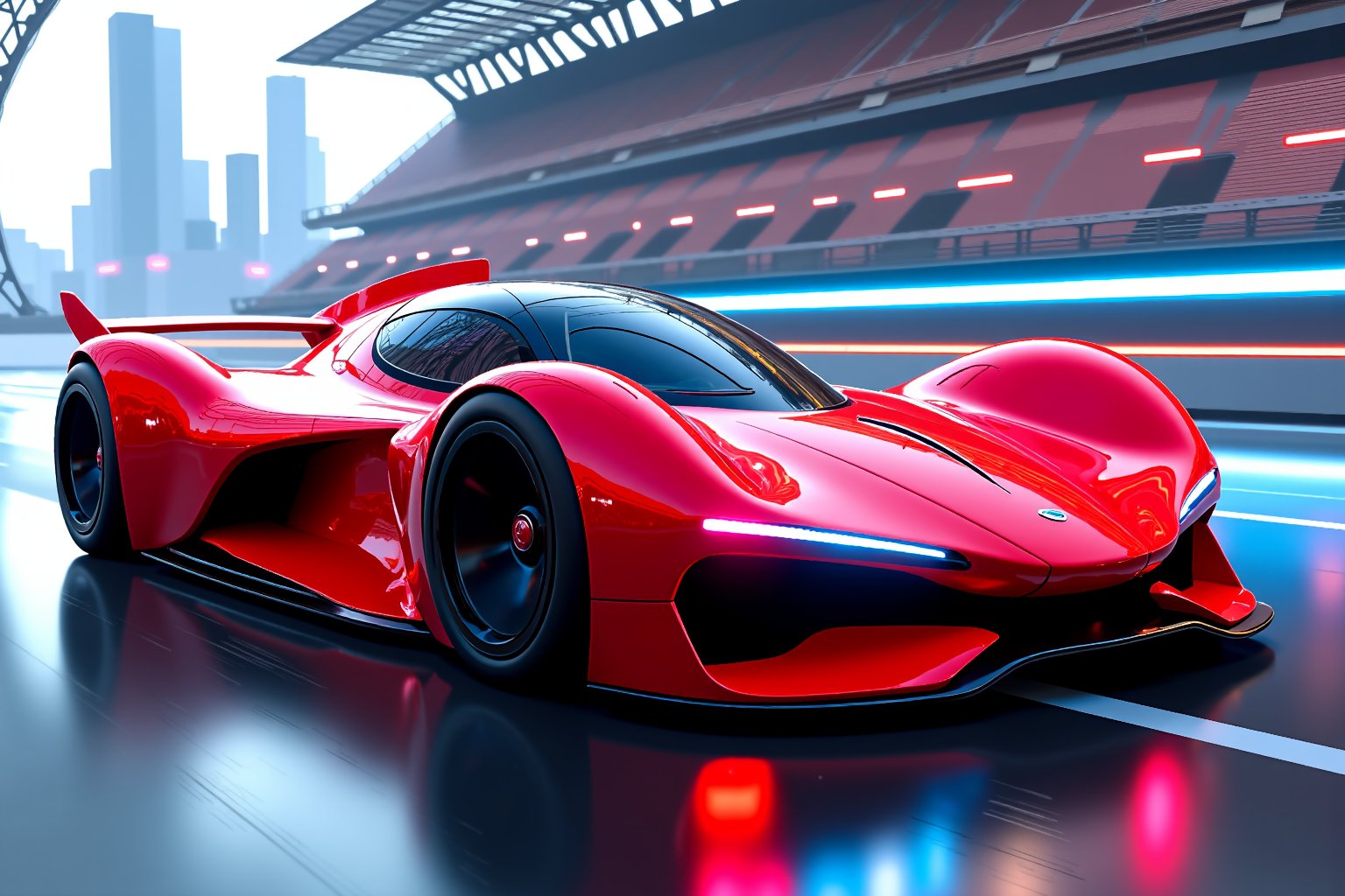 (best quality, 4k, 8k, highres, masterpiece:1.5), ultra-detailed, highly realistic, futuristic race car, sleek red body with sharp lines and angular design, large black wheels with detailed tread patterns, glowing accents on the wheels, metallic textures, aerodynamic shape, sharp front nose, glowing blue cockpit canopy, futuristic exhaust pipes, advanced high-tech suspension system. The car is speeding down a detailed futuristic race track, with neon lights, glowing lines on the road, and metallic skyscrapers in the background. High-resolution reflections on the car’s surface, detailed light and shadow effects, and vivid colors, set in a high-speed environment with dynamic motion effects. Futuristic cityscape in the distance with metallic structures and holographic billboards.