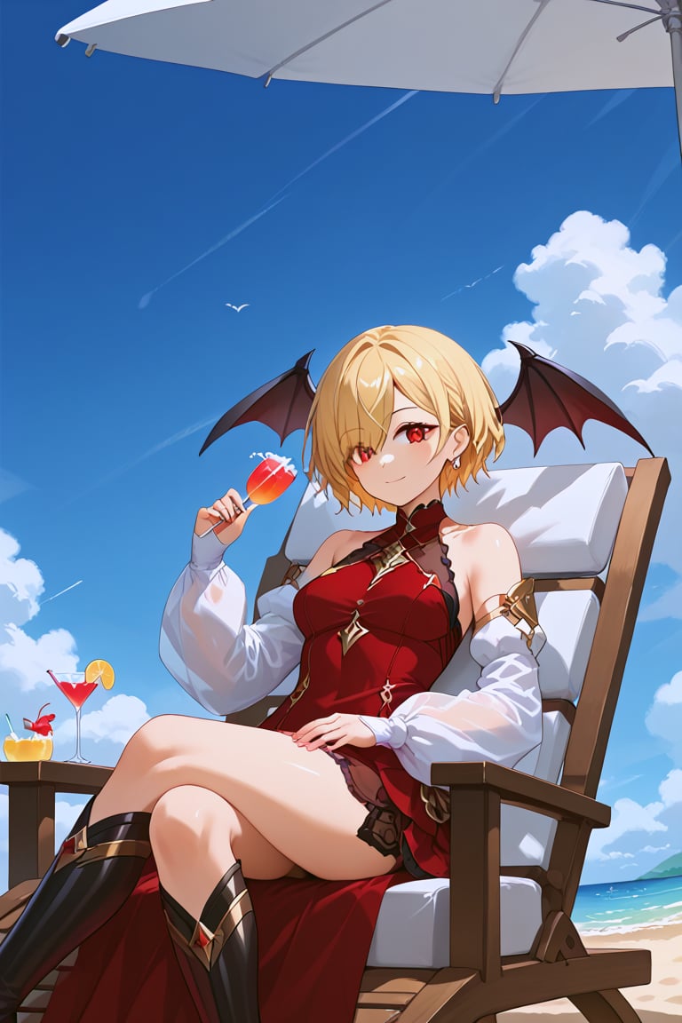 A beautiful anime-style female character with short blonde hair, sitting on a beach chair under an umbrella, wearing a long dark red dress with white sleeves. She has a metallic accessory over her left eye and small black demon wings on her back. The character is enjoying a dessert with a calm and composed expression. The scene is set by the seaside on a sunny day, with a clear blue sky and a peaceful atmosphere. The image should be in a detailed and realistic anime style with vibrant colors.