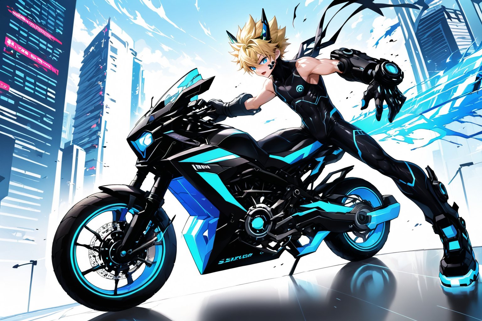 A young male pilot with spiky blonde hair, dressed in a black sleeveless shirt and black gloves, is riding a massive, futuristic motorcycle with neon lights and advanced weaponry. He is in the midst of a high-speed race, battling other pilots on similarly designed bikes using his enormous, oversized sword. The race takes place in a neon-lit, futuristic cityscape with towering skyscrapers and glowing streetlights. The scene is dynamic and intense, with bright blue headlights illuminating the path ahead. The atmosphere is charged with action, showcasing the pilot's determination and skill as he swings his sword at an approaching rival.,