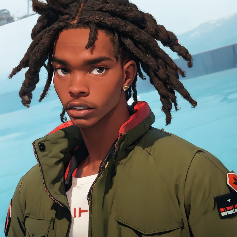  solo, looking at viewer, shirt, black hair, one black man, dark skin, male focus, earrings,  teeth, black eyes, , facial hair,  realistic, dreadlocks, military jacket, 