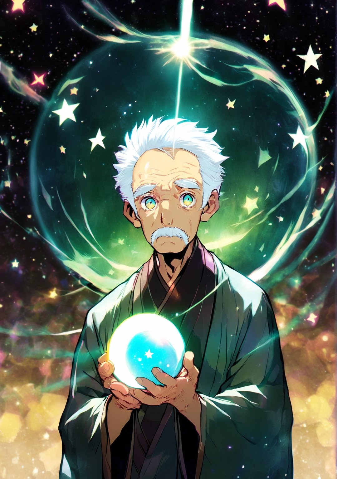 Stars background, old man shining eyes, old man holding a sphere of light, GyokaiOnonoimokoStyle