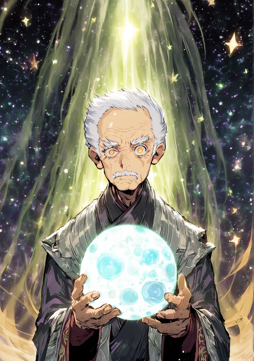 Stars background, old man shining eyes, old man holding a sphere of light, GyokaiOnonoimokoStyle