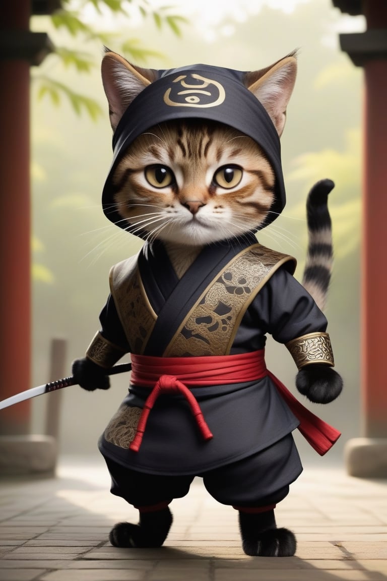 Visualize a cat named Whiskers wearing a unique ninja costume in Indonesia with a touch of traditional motifs. Describe in...