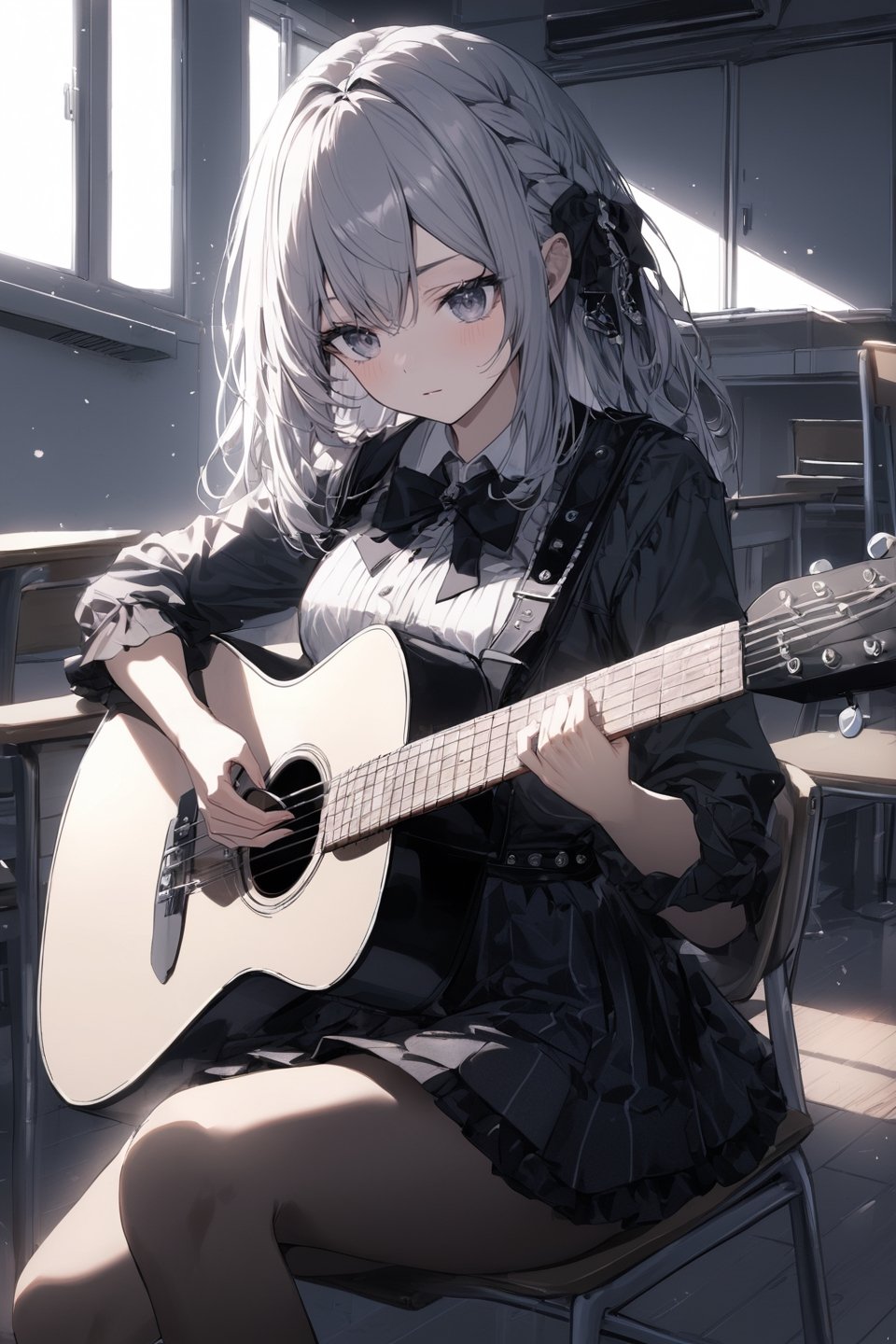 Extreme detailed, (masterful), 1girl, playing guitar, in a classroom, surrounded by empty chairs, dim lighting, [fretting], claraval