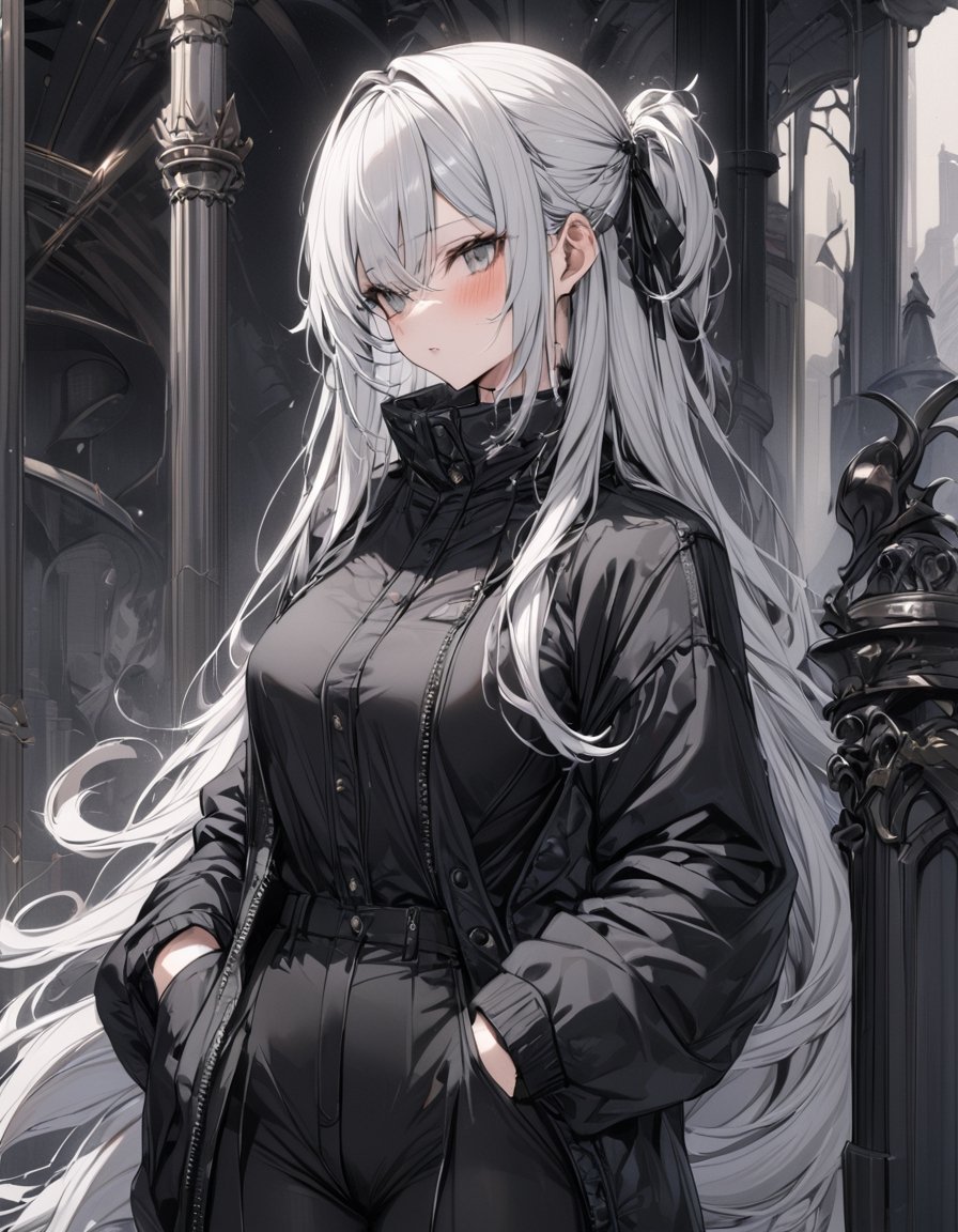 1girl, solo, sideswept hair, long hair, white hair, black puffer jacket, black suit pants, claraval, extreme detailed, (masterpiece),claraval