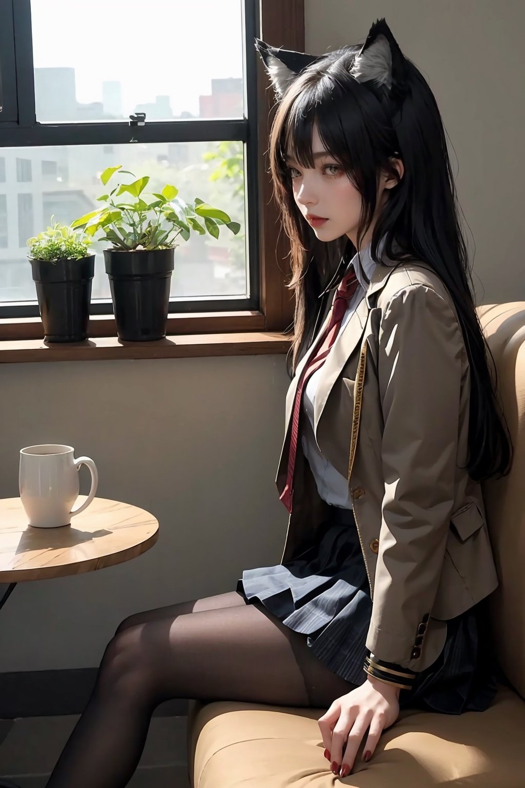 Extreme detailed, (masterful), 1girl, solo, long hair, skirt, black hair, school uniform, jacket, pantyhose, necktie, blazer, sitting, tail, yellow eyes, thighs, nail polish, from side, two-tone hair, animal ear fluff, looking to the side, thigh strap, wolf ears, crossed legs, red nails, wolf tail, extra ears, black pantyhose, armlet, wolf girl, indoors, from side, cup, book, window, capelet, chair, table, sunlight, plant, couch, mug, black capelet, coffee mug, texas \(arknights\)