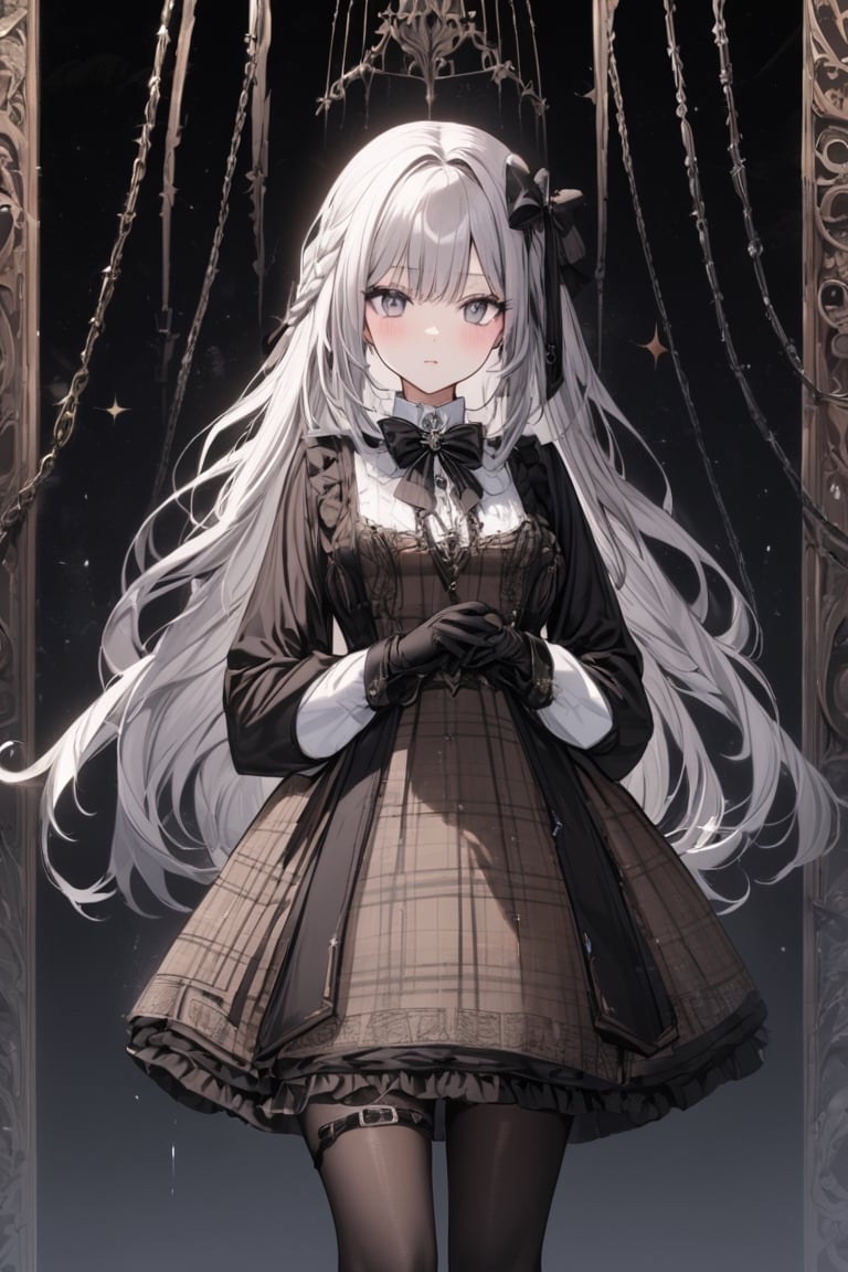 Extreme detailed, (masterful), 1girl, solo, long hair, blush, bangs, large (bow), medium breasts, very long hair, closed mouth, standing, braid, white hair, grey hair, large black bow with intricate chains, parted lips, grey eyes, black beret, brown plaid dress, black wool knit knee highs, mary janes, long white sleeves, dark brown string bow tie, white undershirt, white sleeves, standing