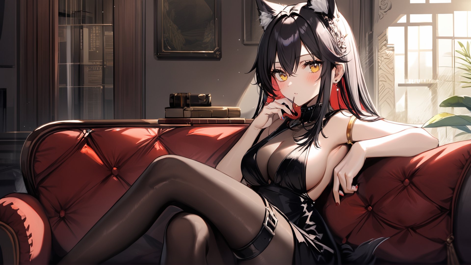 Extreme detailed, (masterful), 1girl, solo, long hair, breasts, looking at viewer, blush, bangs, large breasts, black hair, dress, holding, animal ears, cleavage, hair between eyes, bare shoulders, jewelry, medium breasts, sitting, tail, yellow eyes, thighs, red hair, multicolored hair, sleeveless, alternate costume, nail polish, black dress, from side, two-tone hair, animal ear fluff, looking to the side, bare arms, pantyhose, sideboob, thigh strap, sleeveless dress, mouth hold, wolf ears, crossed legs, red nails, wolf tail, extra ears, black pantyhose, armlet, colored inner hair, backless outfit, wolf girl, backless dress, indoors, from side, cup, book, window, capelet, chair, table, sunlight, plant, couch, mug, black capelet, coffee mug, texas \(arknights\)