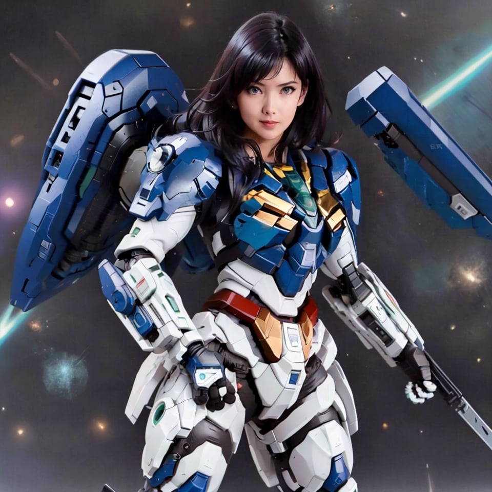 (masterpiece, best quality, ultra-detailed, 8K, ), high detail, seductive_pose, 

Vivian Chow2, black_hair, long hair, blue_eyes, 1girls,  fly,  floating on space,  floating_hair, smiling eyes, symmetry,mechanical,  golden mecha_musume, sexy, ,bg_imgs,

00_gundam, gundam, solo, holding, standing, weapon, holding weapon, gun, no humans, robot, mecha, science fiction, shield, holding shield, v-fin, energy gun, mobile suit, beam rifle,Vivian Chow2