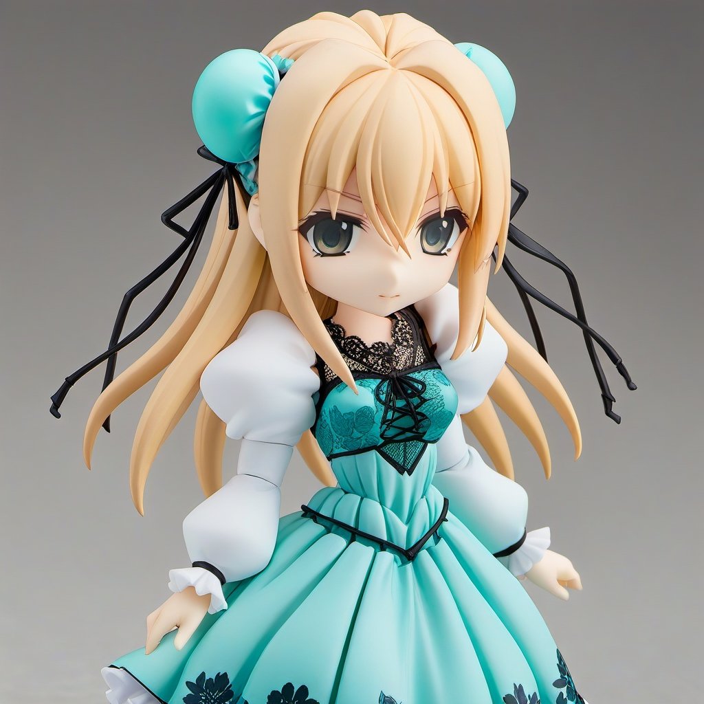 1girl,Nendoroid,masterpiece,best quality,solo,very aesthetic,absurdres,simple background,white background,full body, (detailed beautiful eyes:1.2),(beautiful face:1.2),Hanamatsuri Karin,aqua dress,double bun with black ribbon,white sleeves,black ribbon on the waist,aqua ribbon on the chest,flower print on the chest,lace trim,frills, 