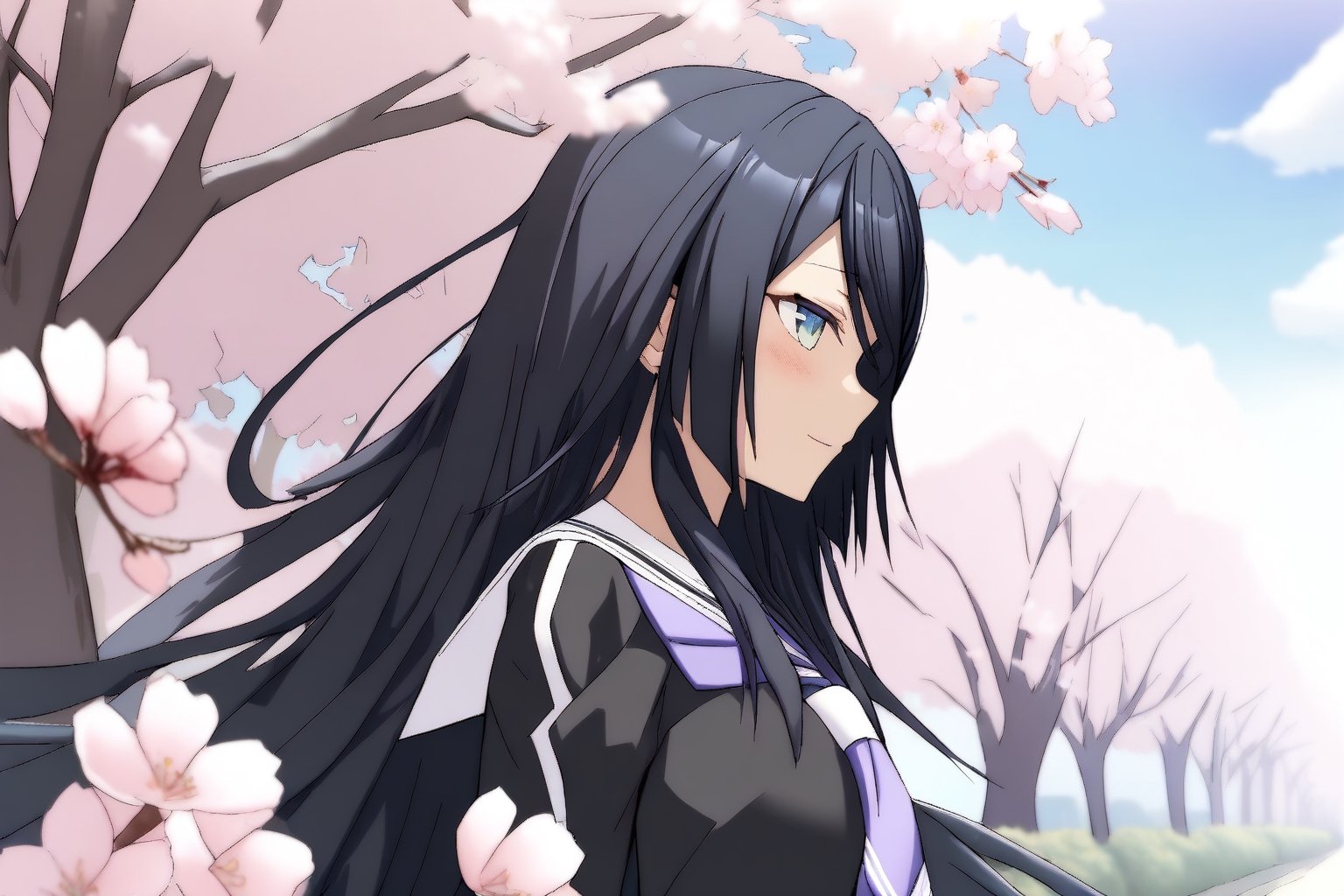 1girl, 
mizuhak, memories off 8, rinshoji school uniform, purple neckerchief, schoolmizuhak, upper body,solo,light smile,looking away,
(scenery:1.2),Cherry blossom trees,
masterpiece, best quality,aesthetic,newest,