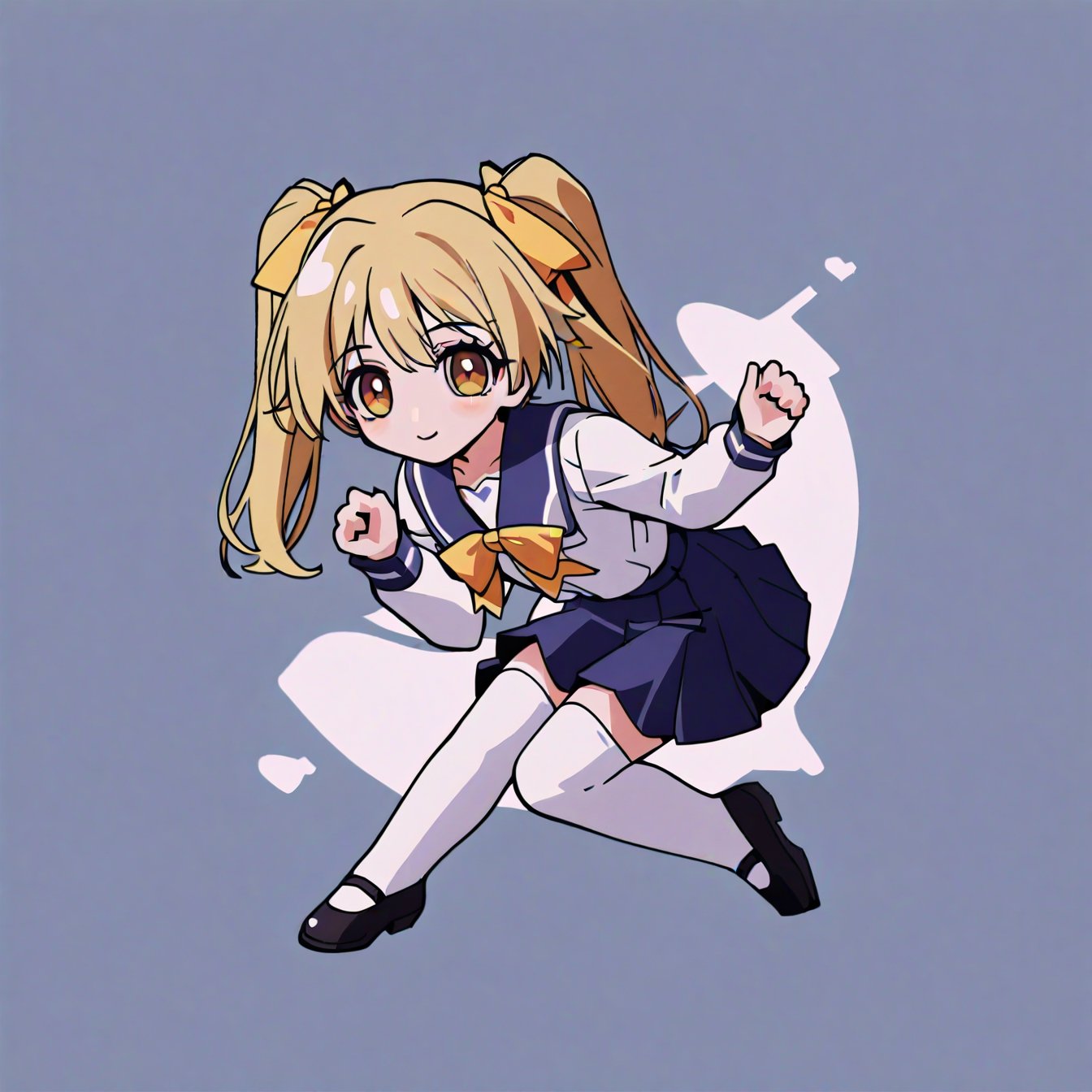 1girl,
yumenouchi chiharu, 
Rabbit Hole,
minamo, long sleeves sumisora uniform, longminamo,solo, smile,looking at viewer,chibi,full_body, no nose,white thighhighs,lofers,yellow hair,yellow hair ribbon,yellow eyes,
masterpiece, newest,best quality, very aesthetic, absurdres, safe, 