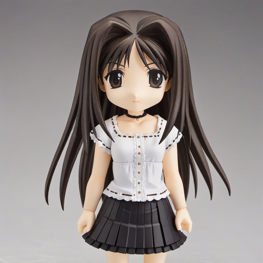 1girl,Nendoroid,Shirakawa Shizuru,whiteshizuru,frilled blouse,ribbon trim,choker,pleated skirt,masterpiece,best quality,solo,very aesthetic,absurdres,simple background,white background,full body,