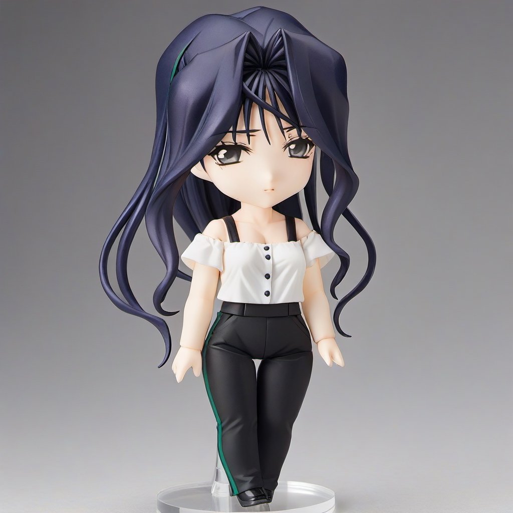 1girl,Nendoroid,Amamiya Mizuho,whitemizuho,white off shoulder top,black shoulder strap,frills,green striped leggings,masterpiece,best quality,solo,very aesthetic,absurdres,simple background,white background,full body,