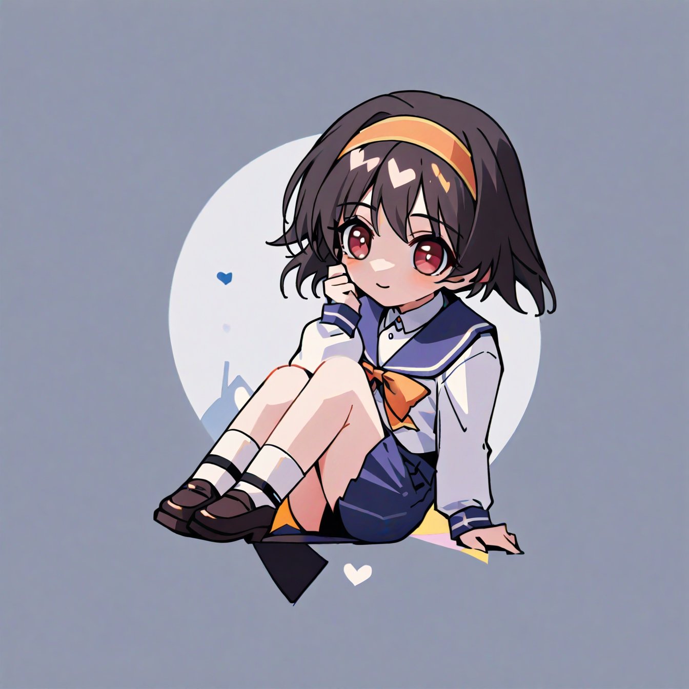 1girl,
yumenouchi chiharu, 
Rabbit Hole,
yue, long sleeves sumisora uniform, longyue,solo, smile,looking at viewer,chibi,full_body, no nose,white socks,lofers,orange hairband,
masterpiece, newest,best quality, very aesthetic, absurdres, safe, 