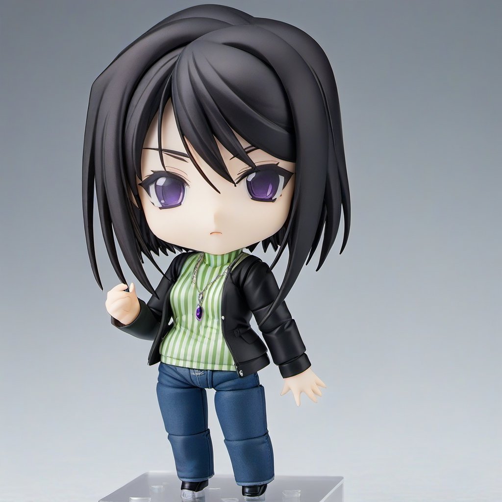 1girl,Nendoroid,masterpiece,best quality,solo,very aesthetic,absurdres,simple background,white background,full body, Mishima Kazuki,green vertical striped turtleneck,black jacket,purple gem necklace,jeans