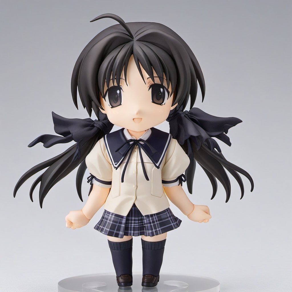 1girl,Nendoroid,masterpiece,best quality,solo,very aesthetic,absurdres,simple background,white background,full body, shirakawa hotaru, summer uniform, black hair ribbon, short sleeves, thighhighs,plaid skirt,arms behind back,