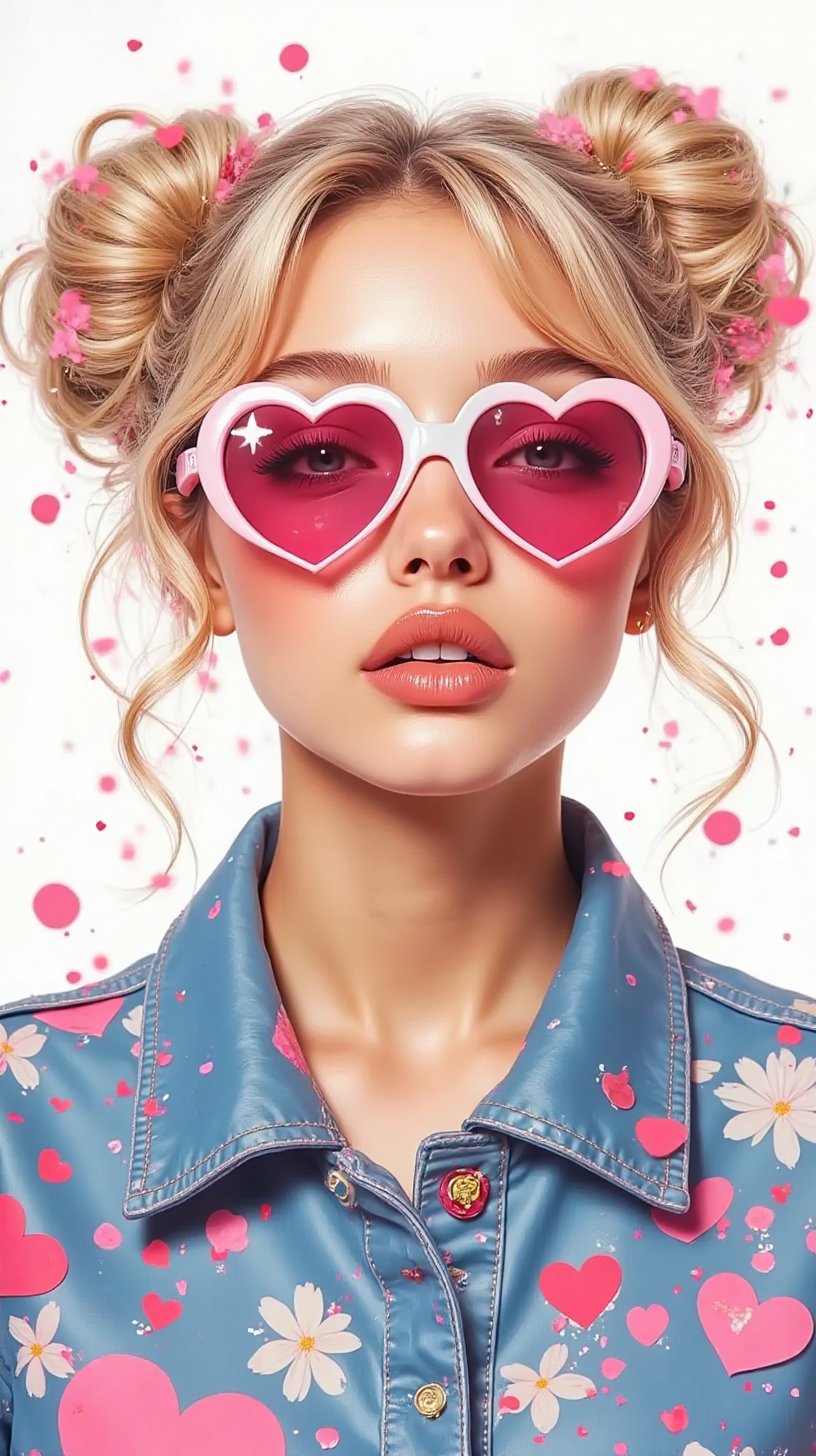 8k acrylic abstract of a beautiful girl with pink heart-shaped sunglasses white rim,  curly blonde hair tied into two loos...