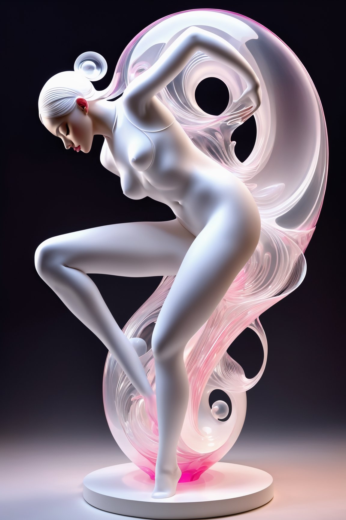 beautifull dancer wearing the white on she head and legs,  in the style of translucent cystal waves,  pink and white abstr...