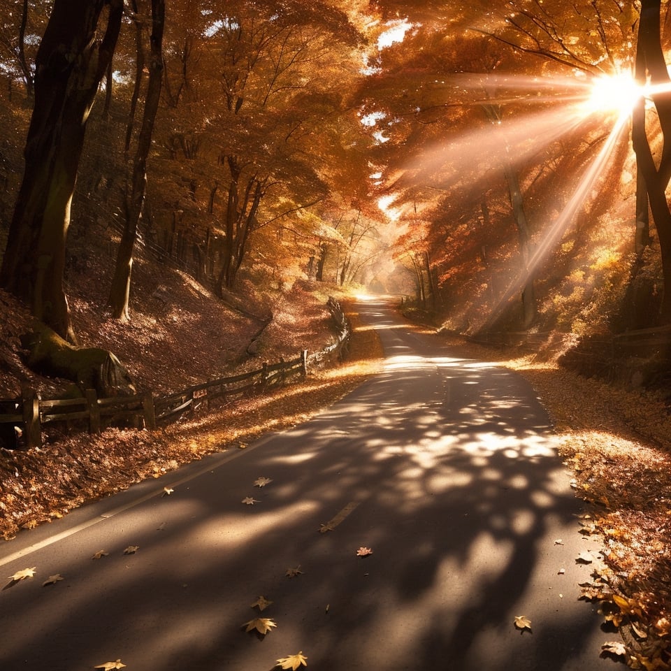 Viewer moving pass The country road through a vibrant autumn forest covered with fallen leaves. The long exposure captures...