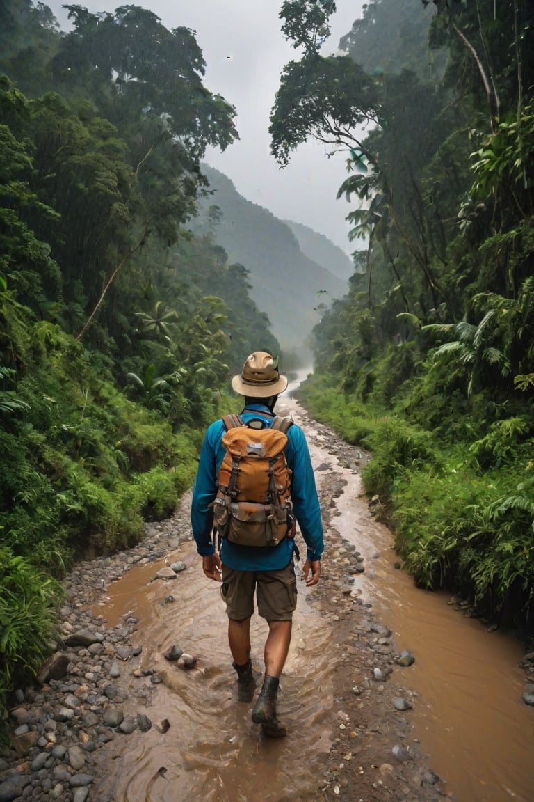 photo of a traveller man with camper backpack on his back and canvas hiking hat on his head walk through a cluttered corridor road full of river gravels, the end of the road is hidden by a dark, massive jungle, stormy afternoon, ((heavy rain)), fog, misty, wide angle lens, 8k , high detailed photo, vivid colors, shot with a  25mm Nikon lens