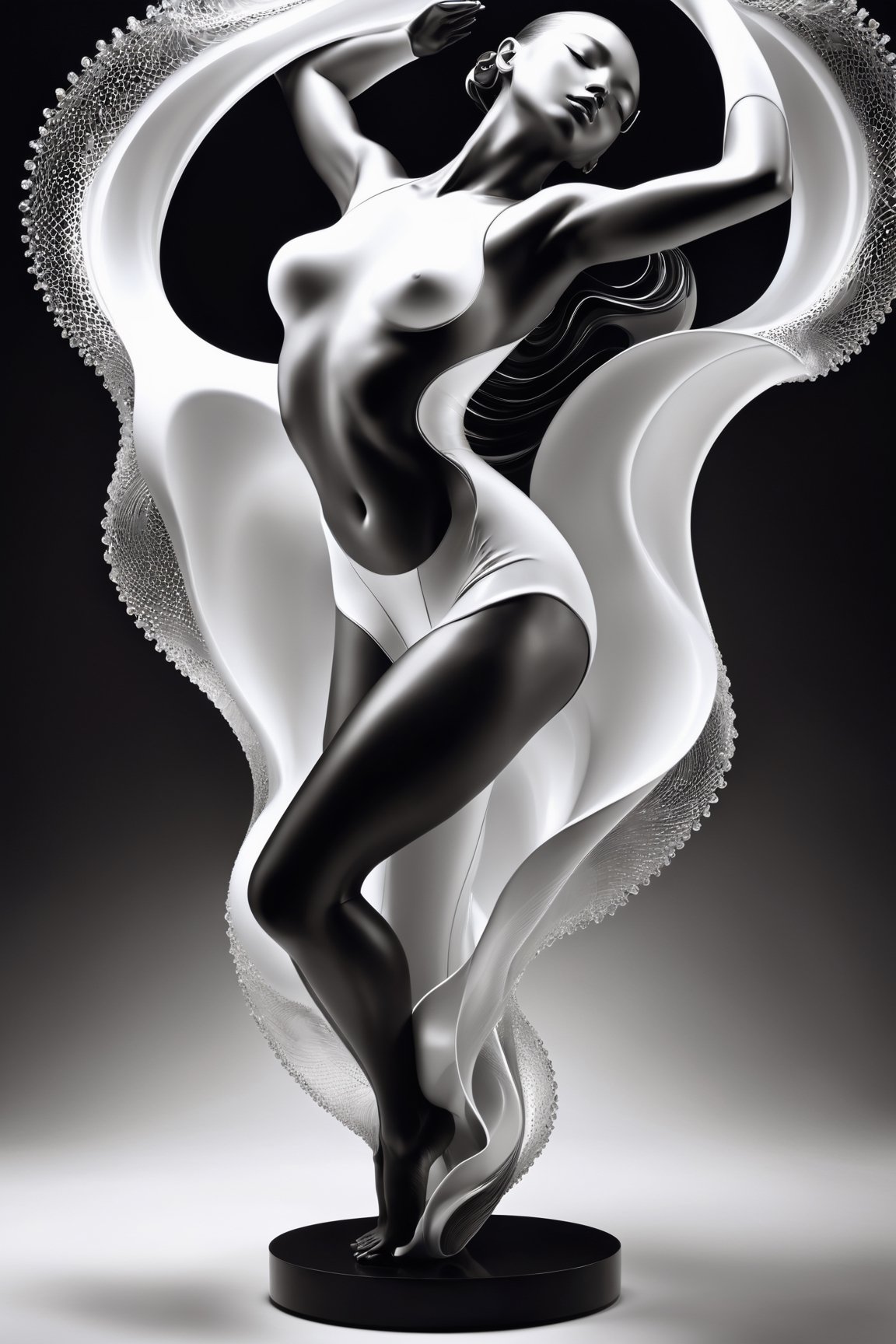 beautifull dancer wearing the white on she head and legs,  in the style of translucent cystal waves,  black and white abst...