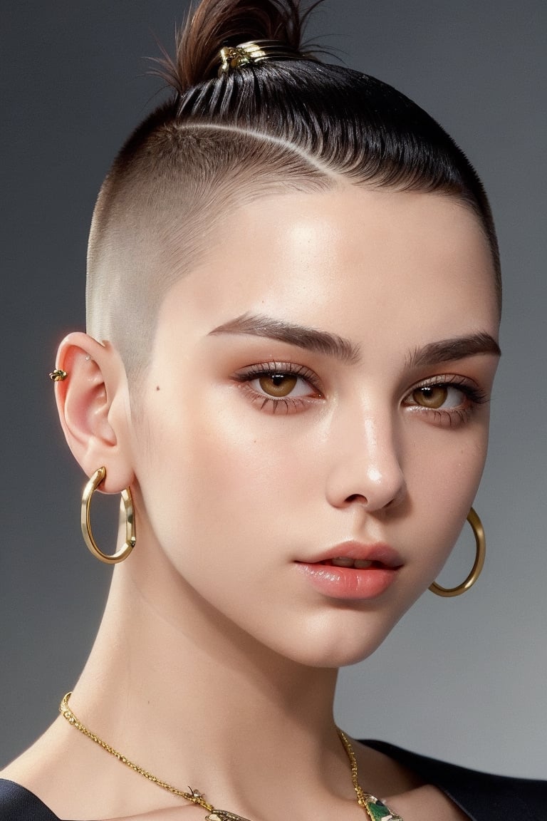 The fashion supermodel with a Buzz cut hair style looking to the camera with a strong gaze. Captured in the style of a hai...