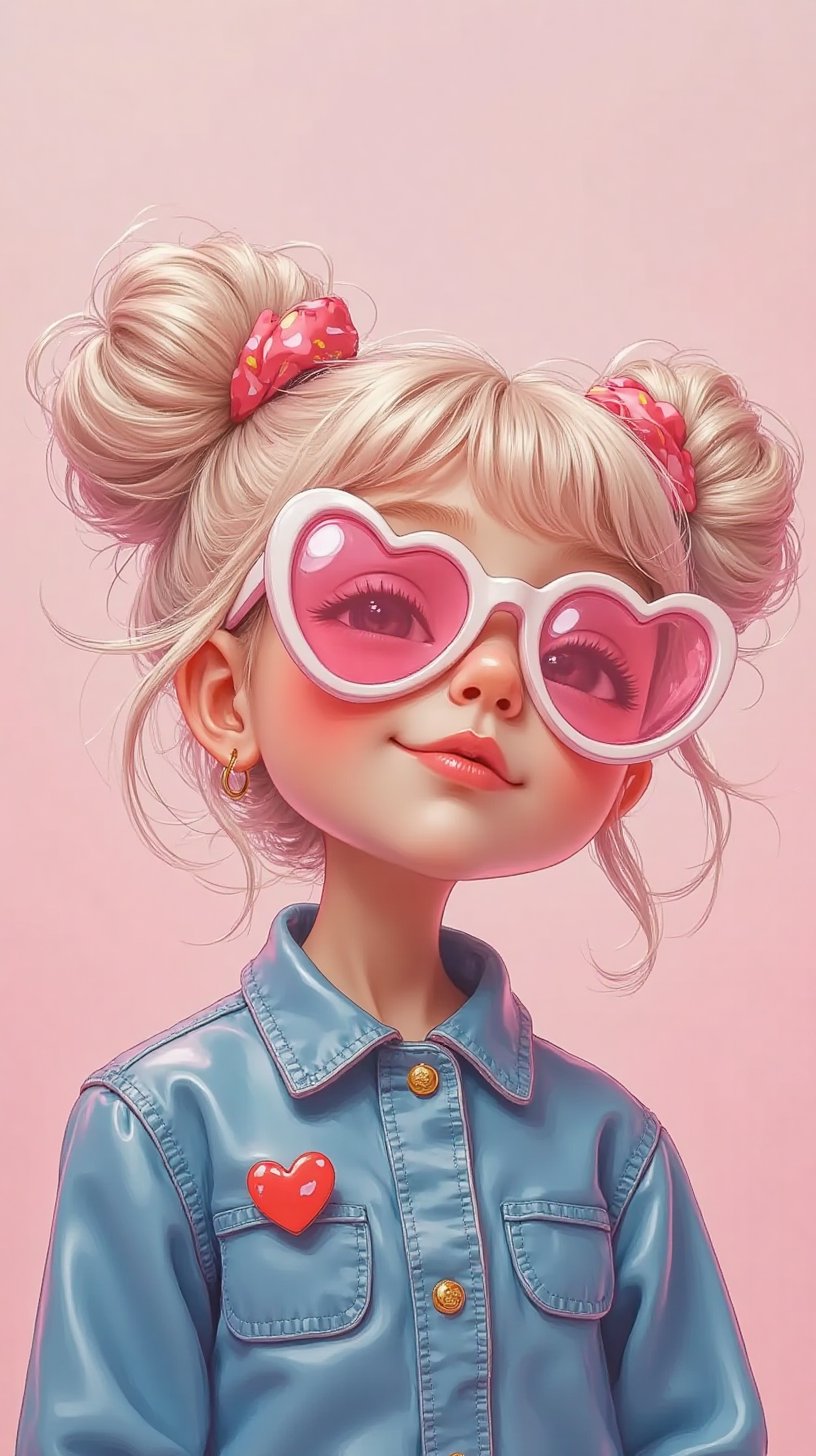 8k acrylic abstract of a beautiful funny girl with pink heart-shaped sunglasses white rim,  happily face with puffy cheeks...