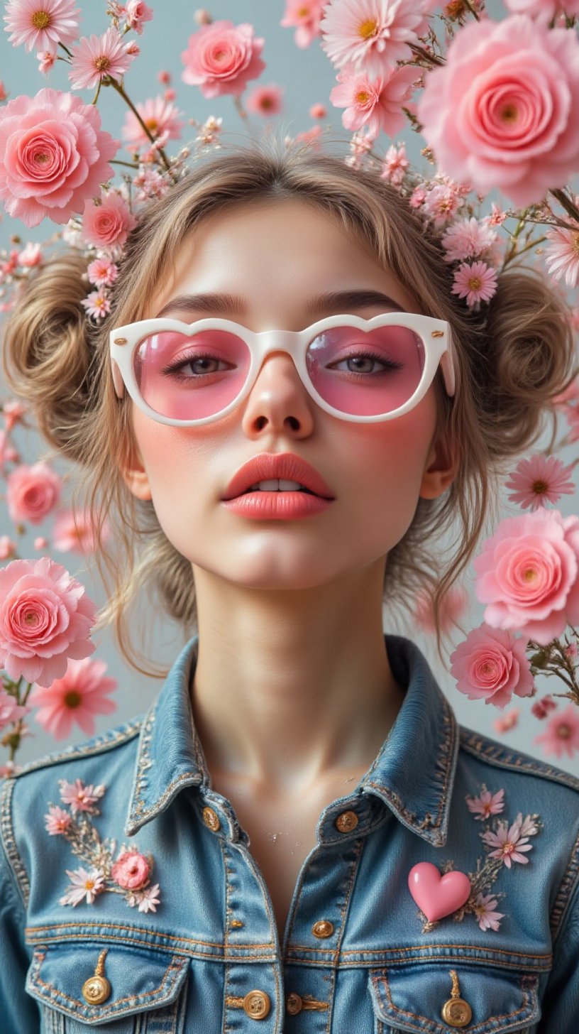 8k acrylic abstract of a beautiful funny girl with pink heart-shaped sunglasses white rim,  happily face with puffy cheeks...