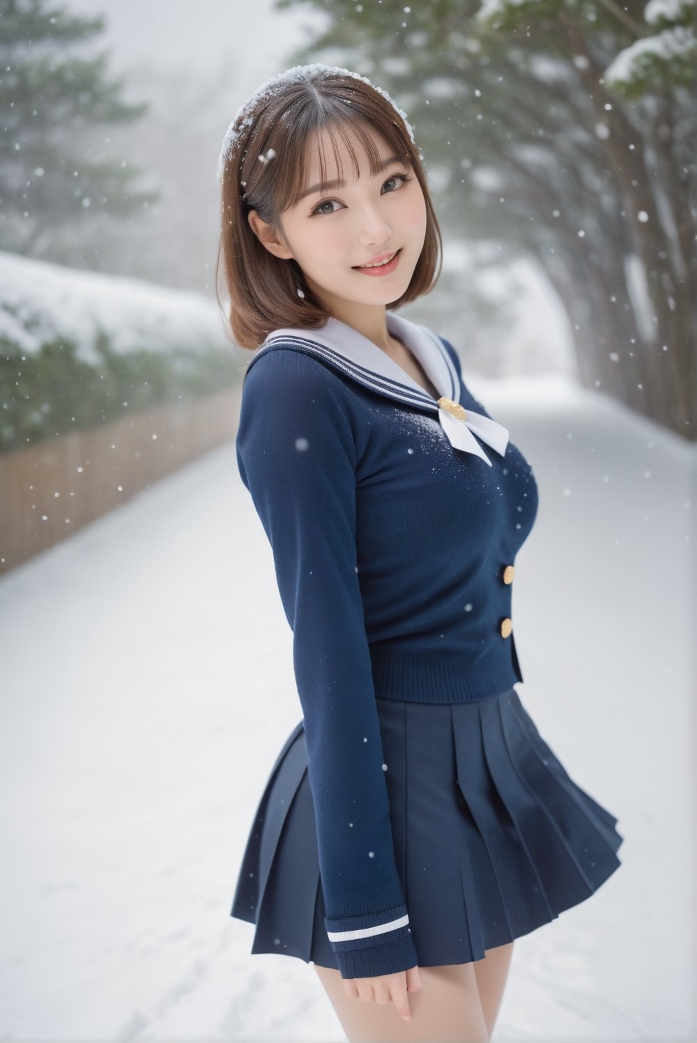 An snapshot depicting a busty young girl in a snowing day. a 17-years-old ethereal breathtakingly glamorous japanese girl, wearing exquisite sailor suit, high school uniform, miniskirt, pantyhose, A breathtakingly beautiful face emanating youthfulness, pearlescent blush, translucent skin texture. Perfect model body with large breast, beautiful long legs, emanating sexual attractivness. (viewed from side):1.24, Side shot, award-winning photo, best quality, high definition 8k, flirty expression, smiling calmly, depth of view, hyperrealistic, raw photo,  focus on face, photo_b00ster, Eimi, a lovely girlfriend