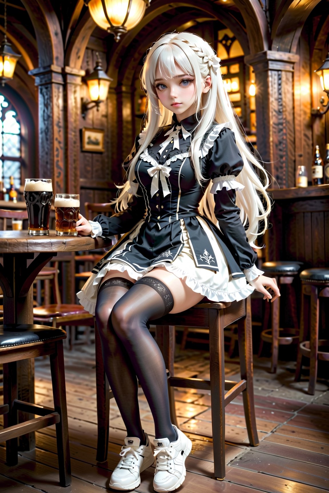 full body shot, masterpiece, high definition, agirl, white long hair, black gothic_lolita shirt, black stockings, (white sneaker:1.1), perfect body ratio, studio scene, medieval tavern, sitting on a chair, chiaroscuro, dramatic lighting, rim light, drinking_glass,
drinking, beer,GUILD WARS