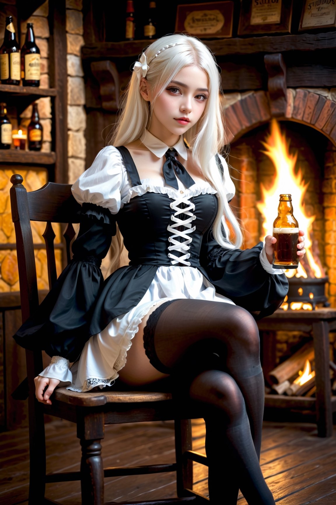 full body shot, masterpiece, high definition, agirl, white long hair, black gothic_lolita shirt, black stockings, (white sneaker:1.1), perfect body ratio, studio scene, medieval tavern, sitting on a chair, chiaroscuro, dramatic lighting, rim light, drinking_glass,
drinking, beer,fire element