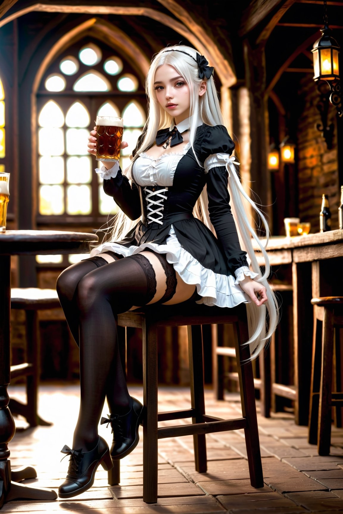 full body shot, masterpiece, high definition, agirl, white long hair, black gothic_lolita shirt, black stockings, (white sneaker:1.1), perfect body ratio, studio scene, medieval tavern, sitting on a chair, chiaroscuro, dramatic lighting, rim light, drinking_glass,
drinking, beer,GUILD WARS