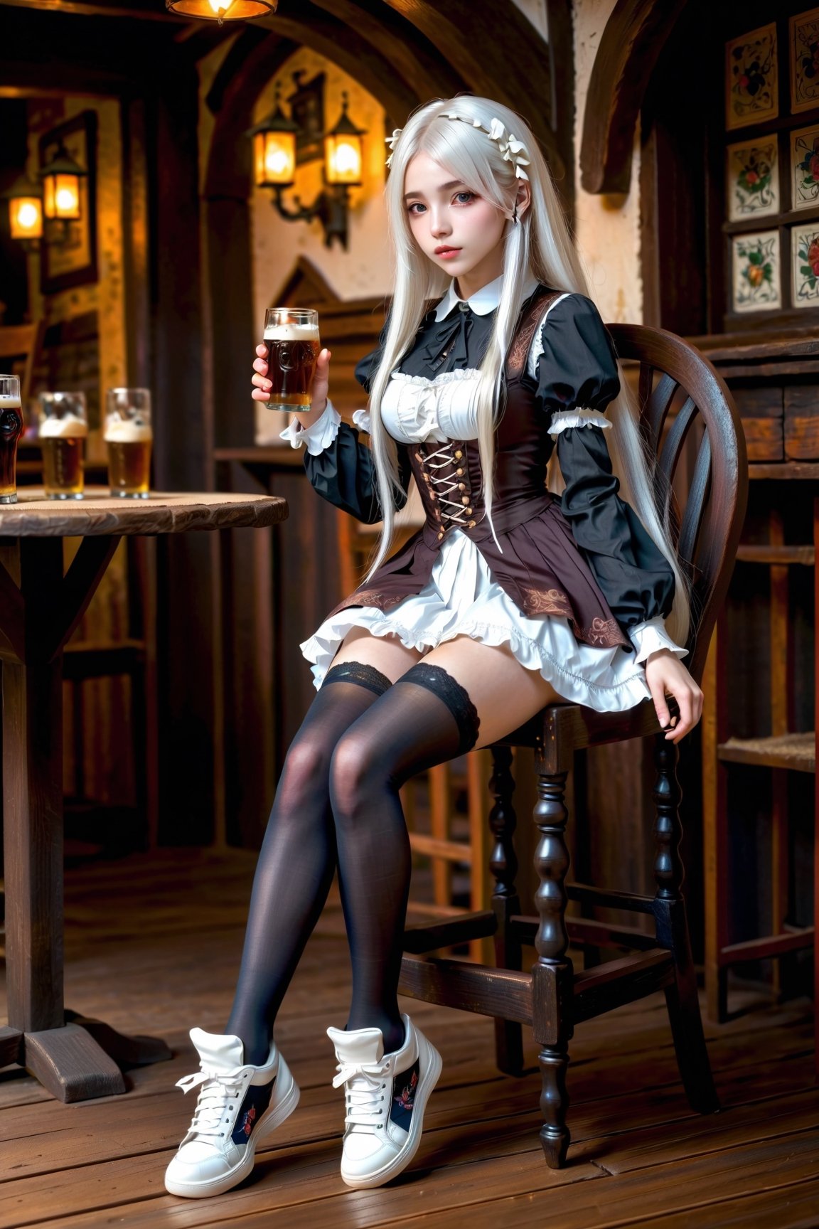 full body shot, masterpiece, high definition, agirl, white long hair, black gothic_lolita shirt, black stockings, (white sneaker:1.1), perfect body ratio, studio scene, medieval tavern, sitting on a chair, chiaroscuro, dramatic lighting, rim light, drinking_glass,
drinking, beer,colorful