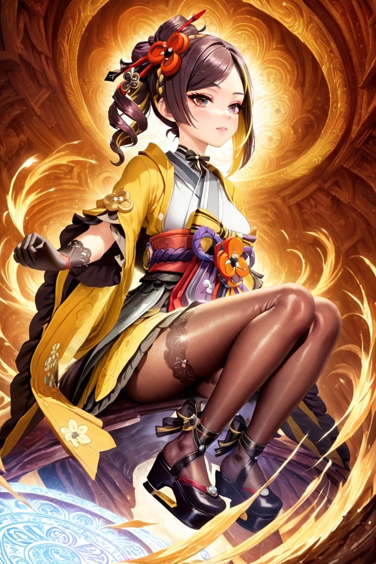 masterpiece, best quality, oil painting, rembrandt lighting, perfect features, intricate details, 1girl, chiori \(genshin impact\), elbow gloves, hair ornament, short kimono, print pantyhose, platform footwear, sash, wide sleeves, ribbon choker, Enhanced All, photorealistic, magic circle, magic, whirlpool, epic scene