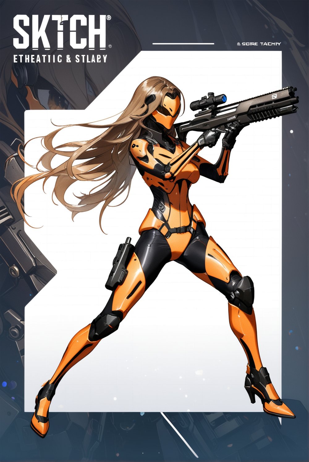 score_9, score_8_up, score_7_up, stellar_blade_tachy, a 17-years-old ethereal and breathtakingly glamorous korean idol, perfect busty model body, brown eyes, brown long hair, balayage hair, gloves, orange-black two tones armor, combat suit with external skeleton, pencil sktech, masterpiece, best quality, official art, beauty & aesthetic, IncrsNikkeProfile,  zoom layer, holding weapon, holding gun, text as ''TACHY'