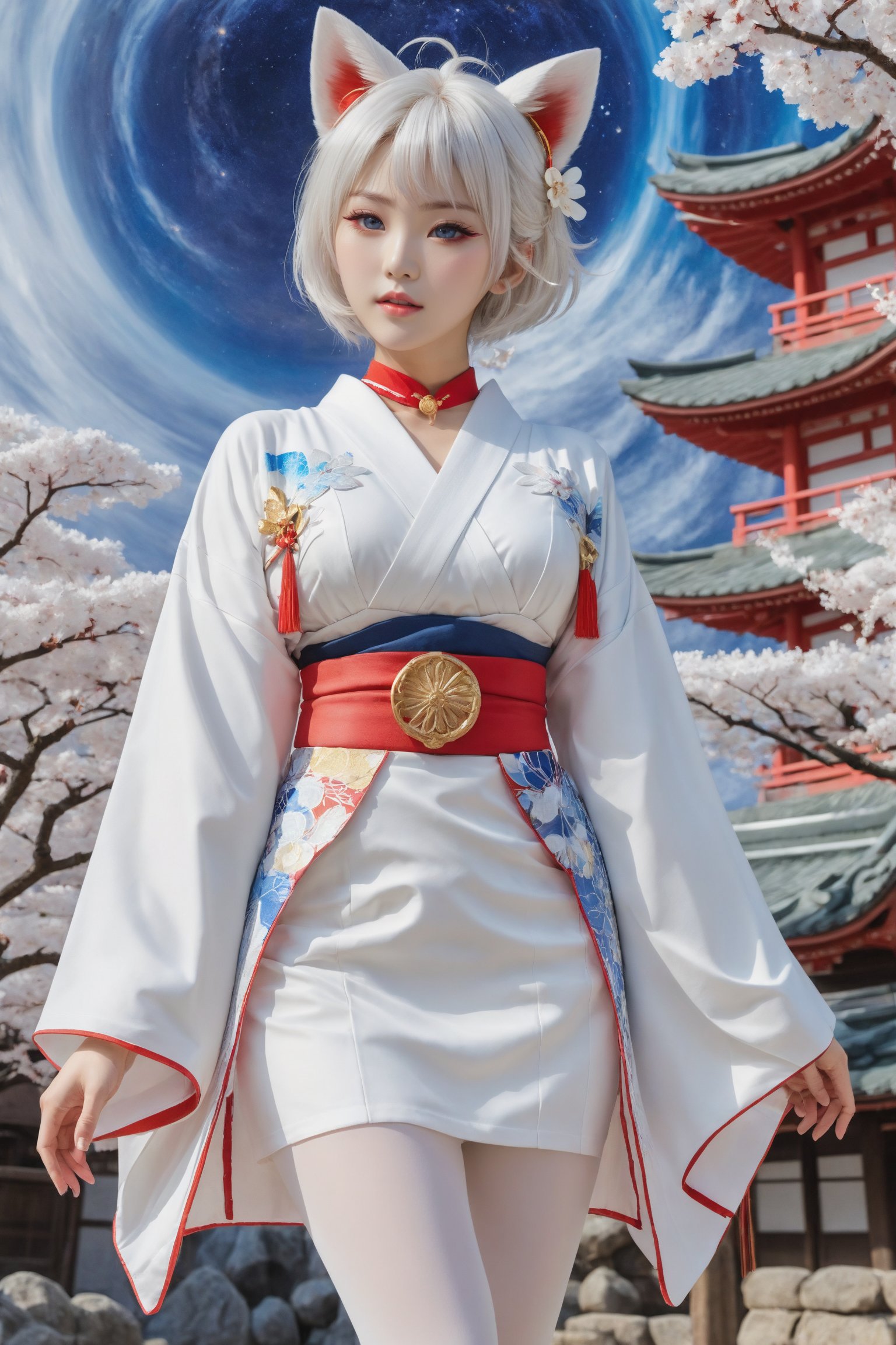 Kaga, short white hair, blue eyes, animal ear, red eyeliner, choker, (([classic white miko kimono|dress skirt])), metallic obi, cowboy shot/(viewed from below, viewed from bottom). A 17-years-old ethereal and breathtakingly glamorous japanese idol, mesmerizing beautiful face, perfect busty model body and beautiful long legs, white leggings. masterpiece, best quality, official art, impasto art style, galaxy as the background