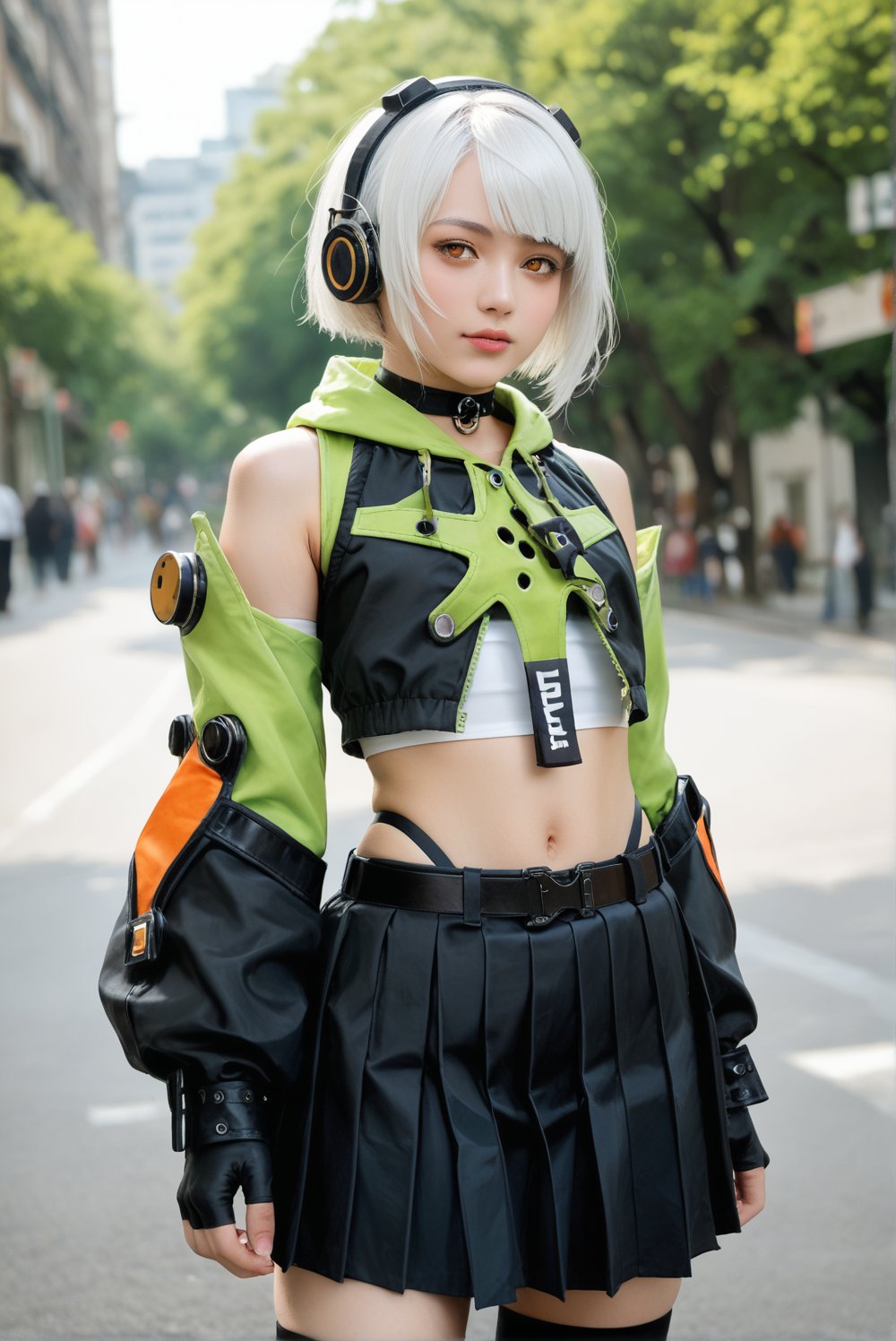 1girl, solo, an anime-like beautiful japanese girl, anby, short hair, white hair, orange eyes, headphones, choker, green jacket, crop top, midriff, detached sleeves, long sleeves, puffy sleeves, miniskirt, pleated skirt, black skirt, highleg panties, belt, fingerless gloves, black thighhighs, thigh strap, feminine, score_9, score_8_up, score_7_up, source_photo, source_anime, ((photography, realistic, hyperrealistic, ultrarealistic)), ulzzang, absurdres, a mesmerizing beautiful face, depth of field, bokeh, blurry background, fantasy background