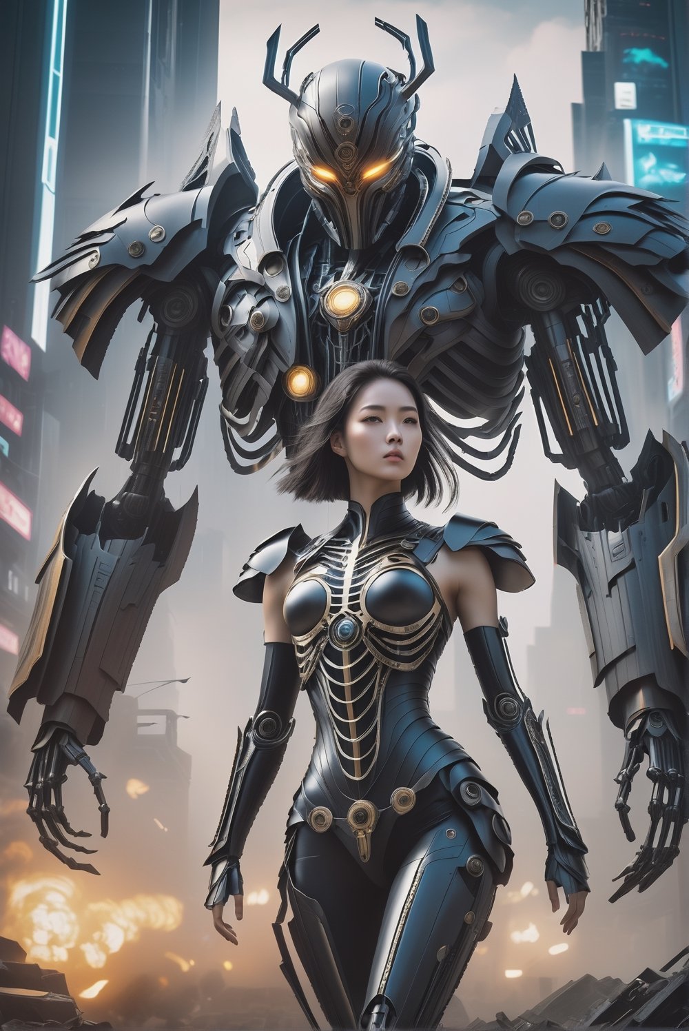 epic cyberpunk battle field theme, medium shot with high view angle, ultra-wide-angle-lens, award-winning photography, hyperrealistic, a 15-years-old breathtakingly beautiful korean girl, ethereal glamorous face, external skeleton mechanical armor, heavy armor, champion of the galaxy, skull mask, in a xeno battle field, nulear fusion reactor in the chest, aging treatment on the image, cyborg style, cinematic lighting, black smoke