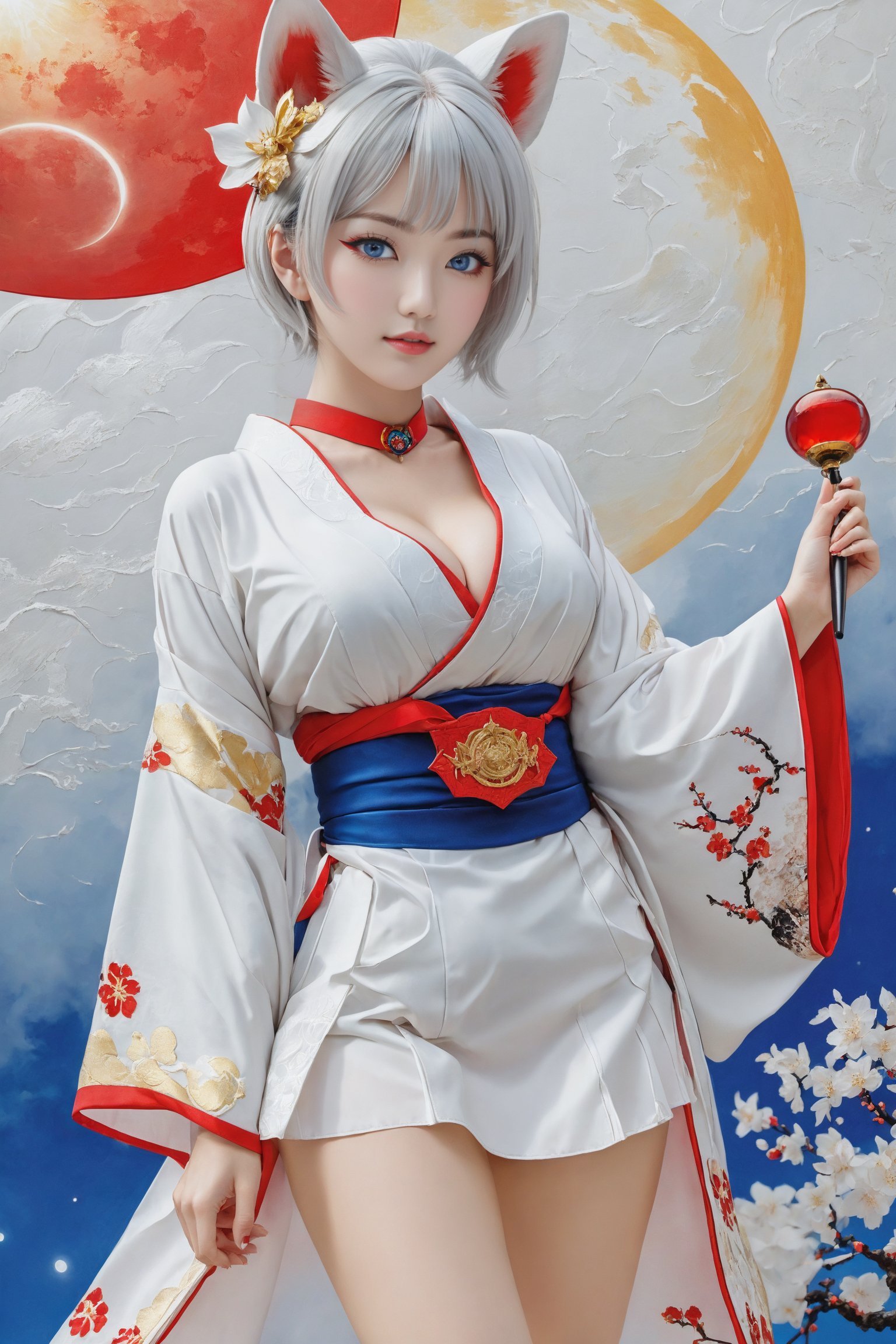 Kaga, short white hair, breast, blue eyes, animal ear, red eyeliner, choker, (([classic white miko kimono|dress skirt])), wide sleeves, cowboy shot, from below. shrine, A 17-years-old ethereal and breathtakingly glamorous japanese idol, mesmerizing beautiful face, perfect busty model body, beautiful long legs, white erotic stockings, epic lunar eclipse view, masterpiece, best quality, official art, impasto art style, art_booster