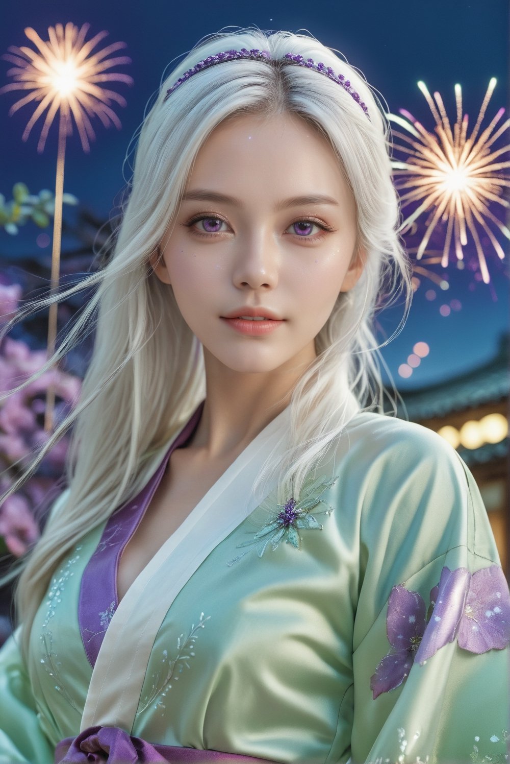 1girl, solo, long hair, white hair, (purple eyes):1.25, hairband, cowboy shot, viewed from below, low view angle, light green yukata, color-vivid firework in the sky, hyperrealistic:1.2, realistic, raw photo, award-winning photo inspired by vogue magazine cover, hd 8k, high resolution, mesmerizing composition, glamorous beautiful face, innocent expression, intricate facial features, porcelain skin tone, soft bokeh, high saturation, photo_b00ster