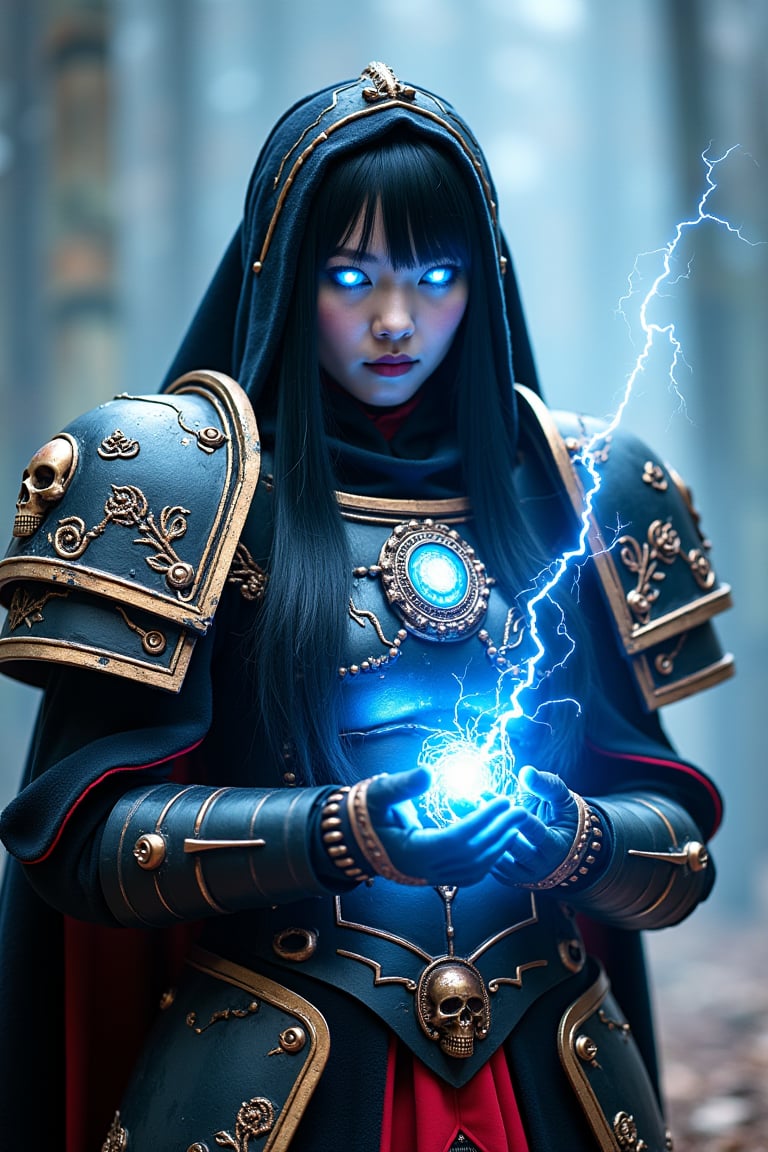A breathtakingly beautiful japanese girl cosplaying adepta sororitas from warhammer 40k. Her eyes are shining with blue li...