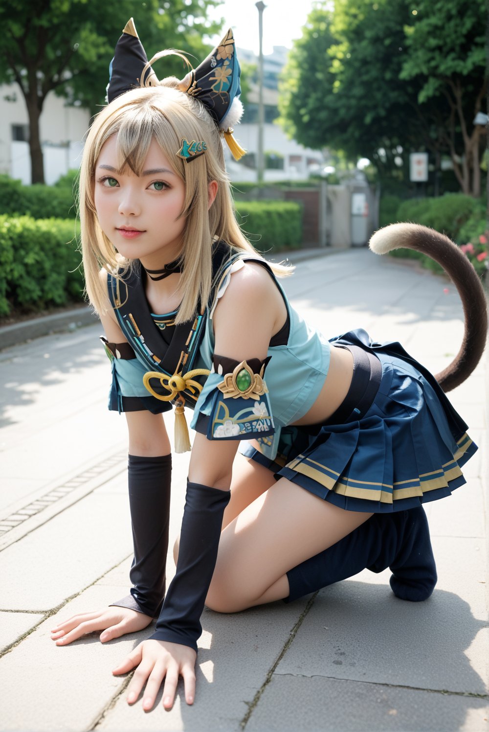 1girl, an anime-like japanese girl, kiraradef, blonde hair, green eyes, long hair, ahoge, animal ears, hair ornament, hairclip, two tails, multiple tails, cat tail, fang, detached sleeves, bare shoulders, crop top, tassel, black choker, blue miniskirt, pleated skirt, midriff, bike shorts, bike shorts under skirt, leg warmers, feminine, score_9, score_8_up, score_7_up, source_photo, source_anime, ((photography, realistic, ultrarealistic, hyperrealistic)), ulzzang,  absurdres, depth of view, bokeh, professional studio photography, all fours