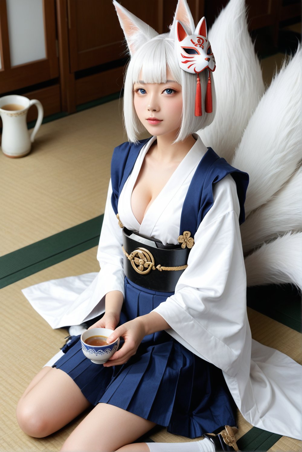 1girl, an anime-like cute japanese girl, azurekaganor, kaga (azur lane), fox ears, animal ear fluff, fox girl, blue eyes, white hair, short hair, blunt bangs, fox tail, multiple tails, mask on head, fox mask, armor, sakuramon, cleavage, japanese clothes, clothing cutout, black shirt, long sleeves, wide sleeves, hakama short skirt, pleated skirt, white socks, feminine, score_9, score_8_up, score_7_up, source_photo, source_anime, (photography, realistic, hyperrealistic, ultrarealistic), ulzzang, an breathtakingly beautiful face, absurdres, w-sitting, wariza, on a tatami, drinking tea, viewed from side, viewed from above, looking up at viewer